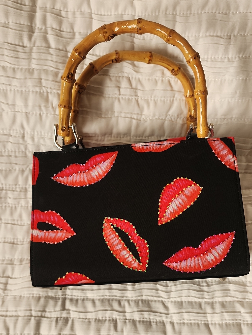 Black Lip-Print Bamboo-Handle Tote Bag NWOT